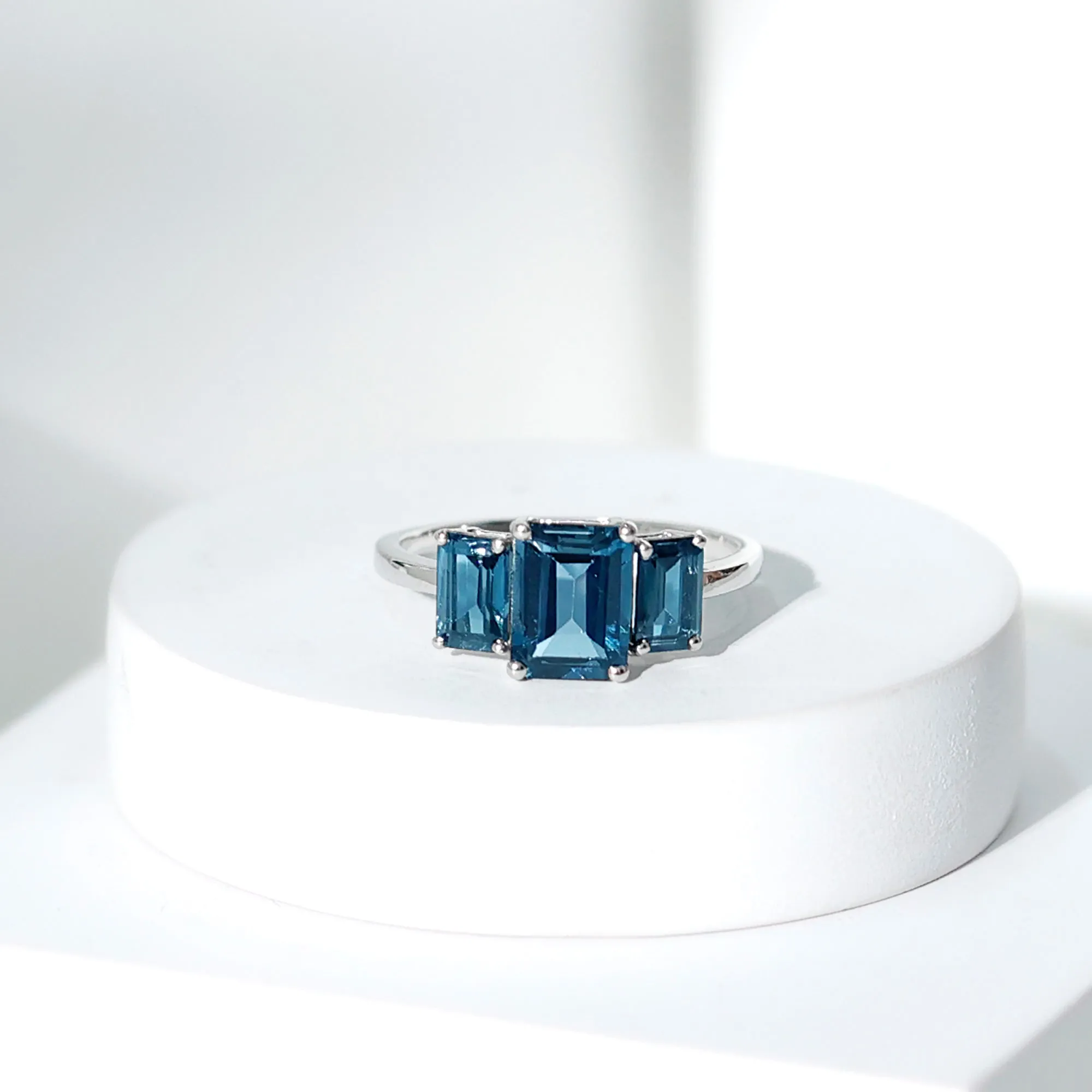 1.75 CT Octagon Cut London Blue Topaz Three Stone Ring