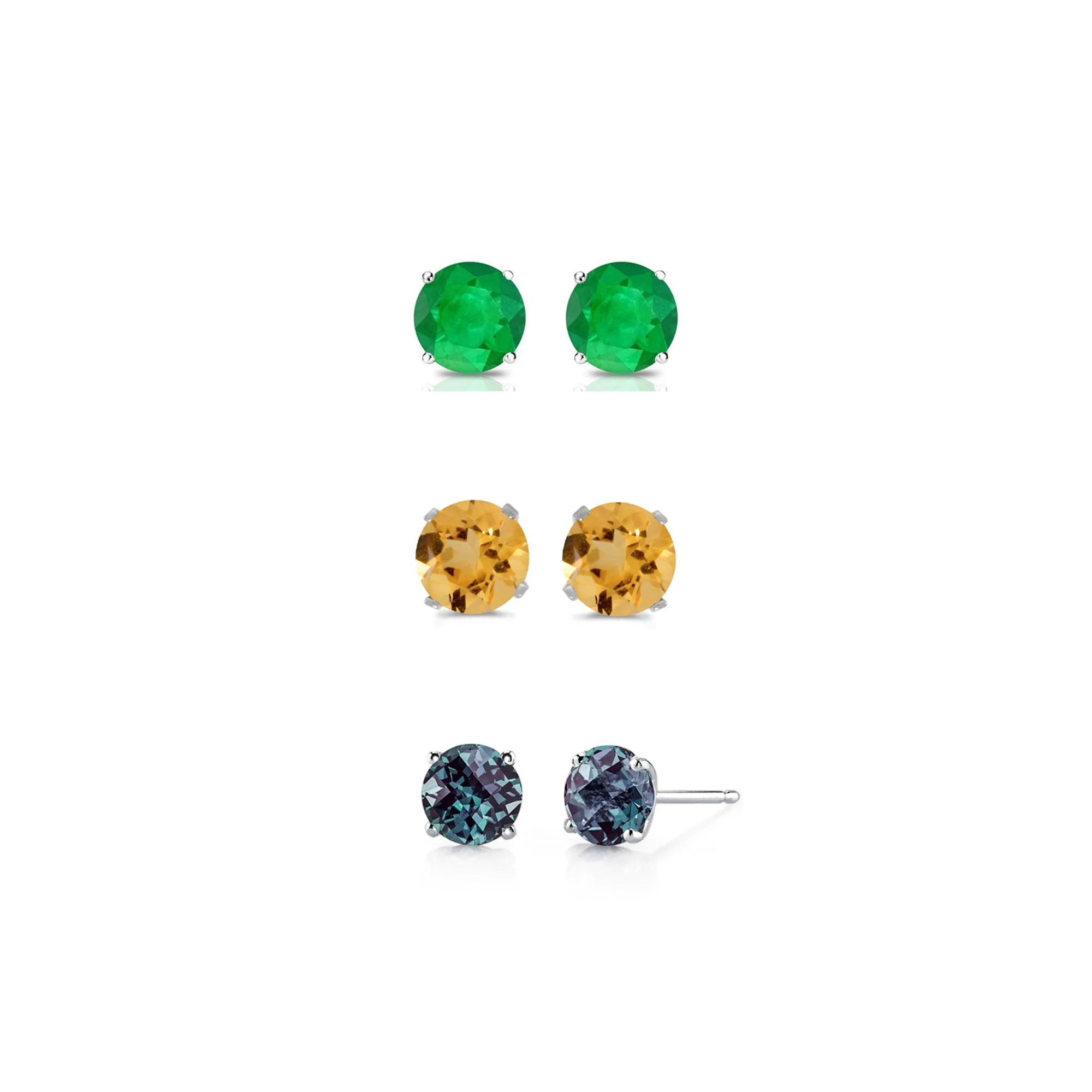 18k White Gold Plated 1Ct Created Emerald, Citrine and Alexandrite 3 Pair Round Stud Earrings
