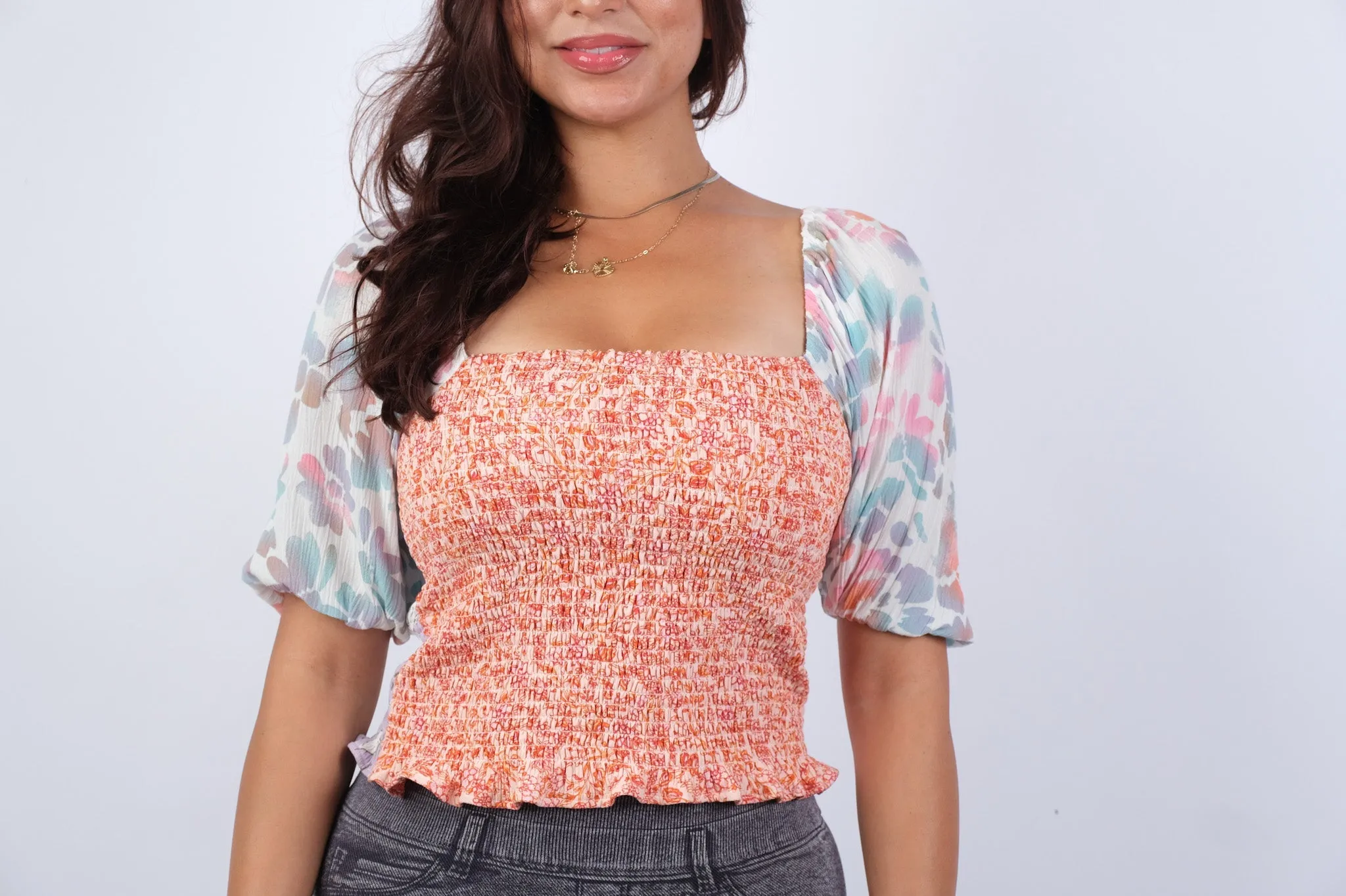 225245 Rosy Mosiac Patchwork Crop Top