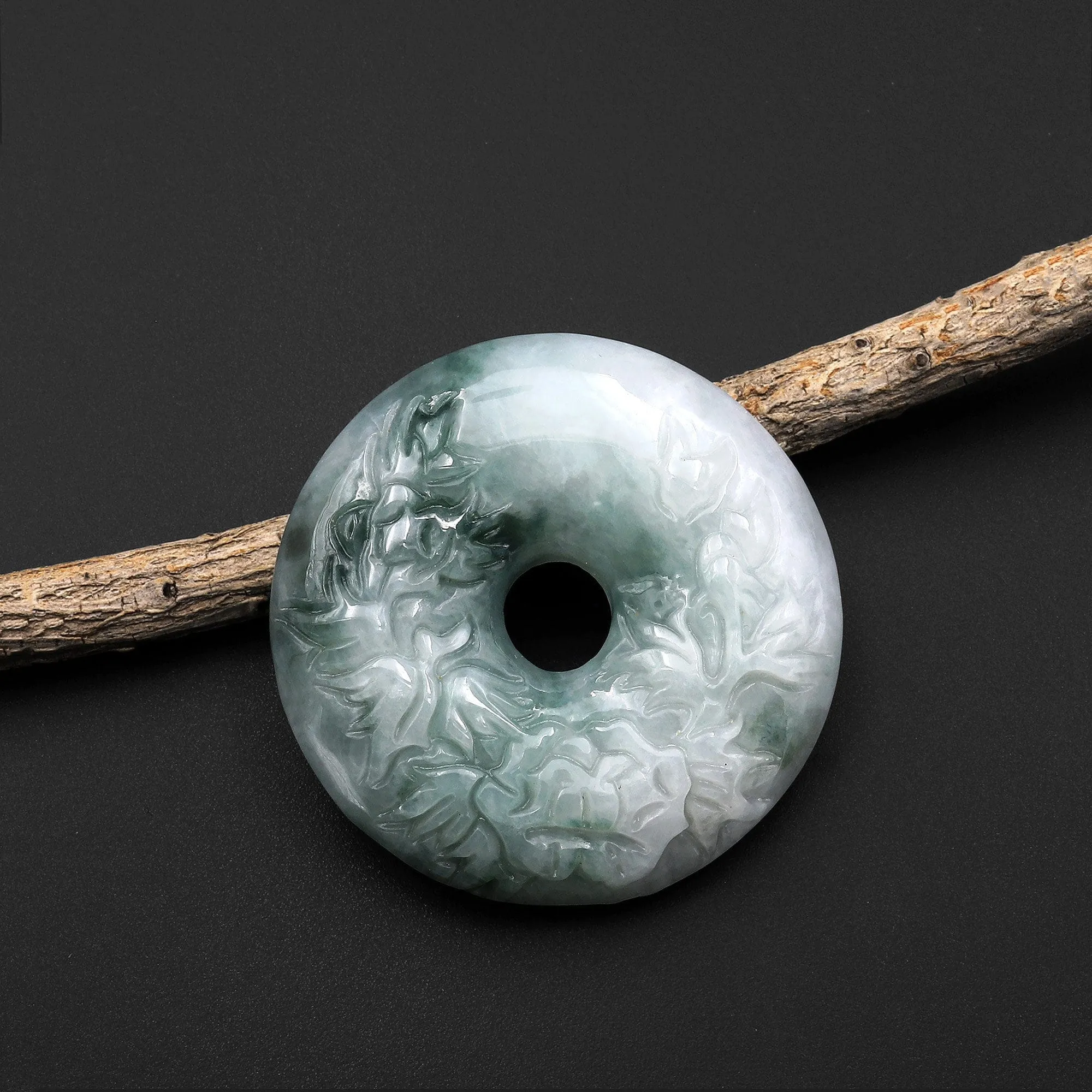 AAA Hand Carved Natural Burma Green Jade Donut Pendant Gemstone Focal Bead 38mm