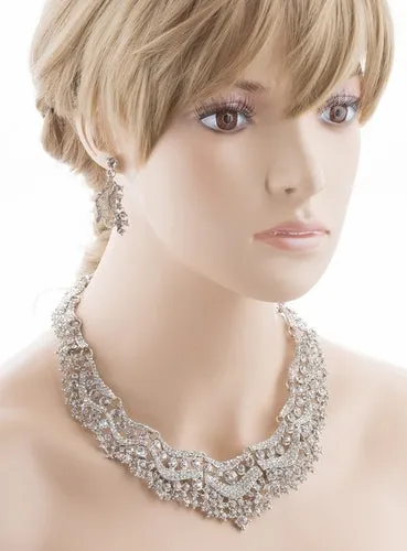 Bridal Wedding Jewelry Set Crystal Rhinestones Stunning Bib Necklace Silver