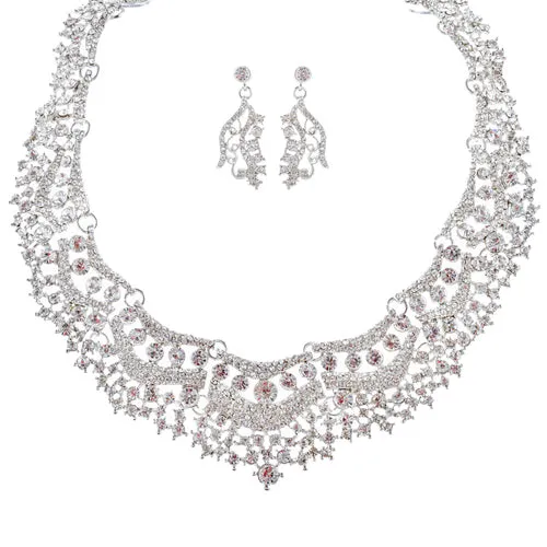 Bridal Wedding Jewelry Set Crystal Rhinestones Stunning Bib Necklace Silver