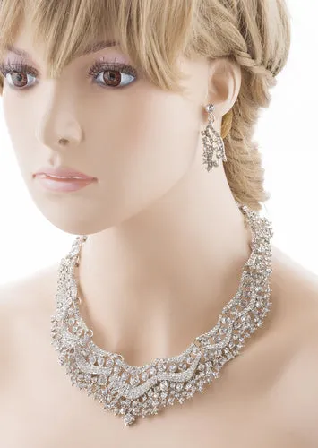 Bridal Wedding Jewelry Set Crystal Rhinestones Stunning Bib Necklace Silver