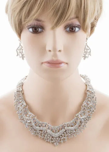 Bridal Wedding Jewelry Set Crystal Rhinestones Stunning Bib Necklace Silver