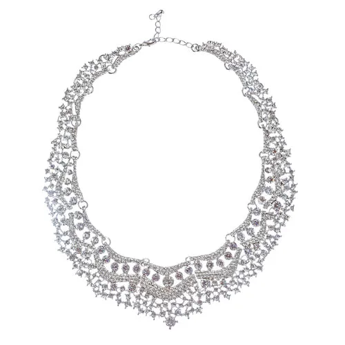 Bridal Wedding Jewelry Set Crystal Rhinestones Stunning Bib Necklace Silver