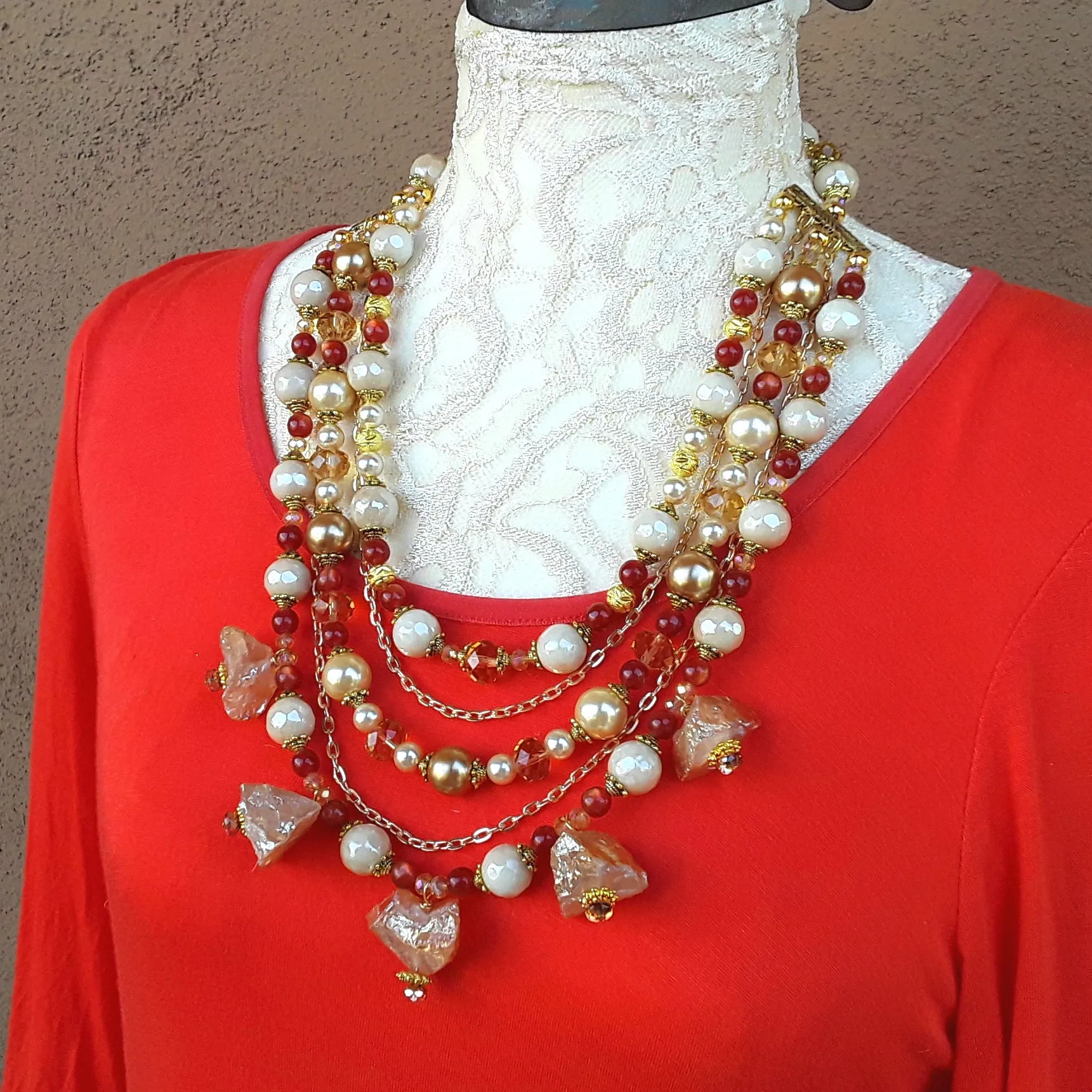 Bronze Quartz and Pearl Statement Necklace, Chunky Colorful Multi-strand Collar, Gift for Her