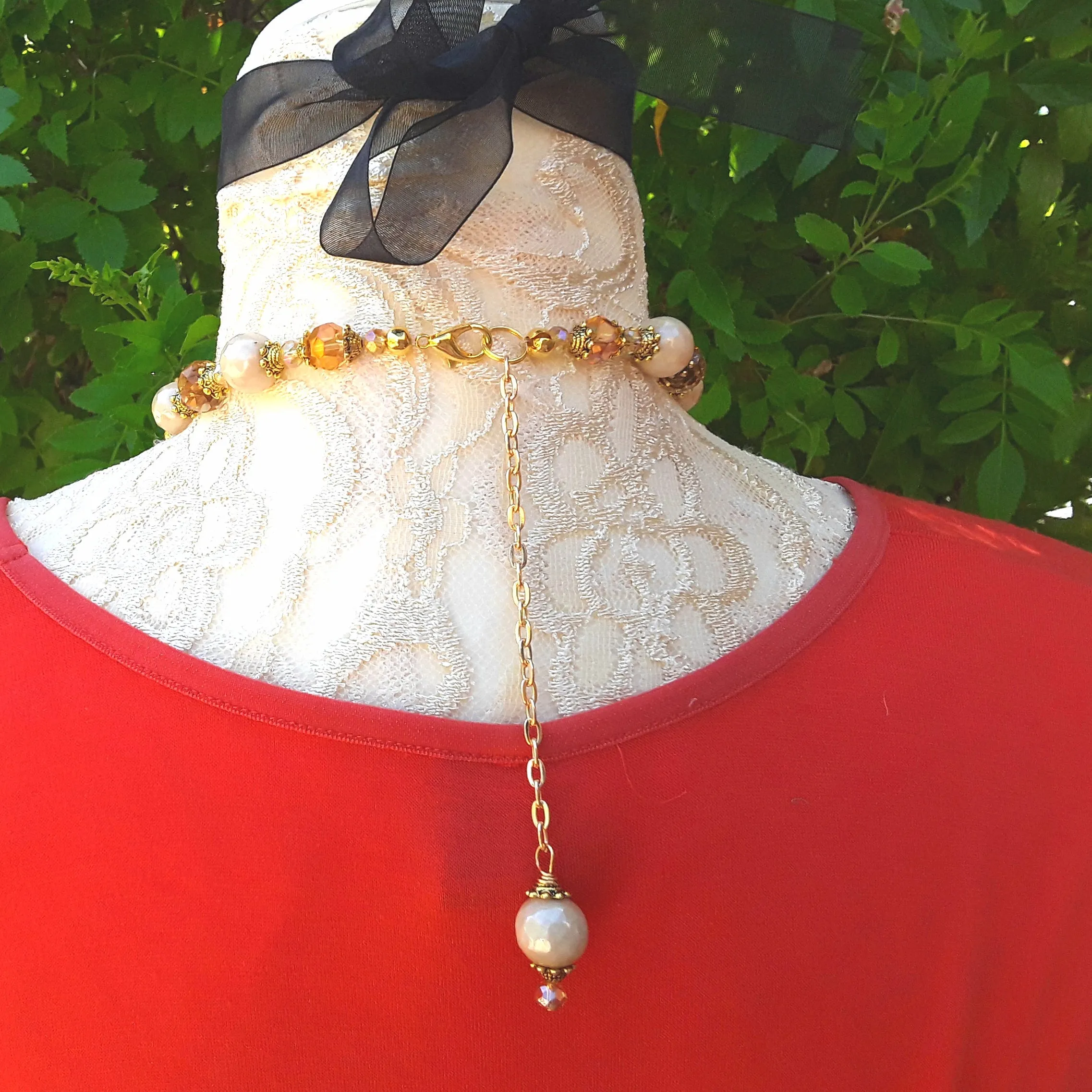 Bronze Quartz and Pearl Statement Necklace, Chunky Colorful Multi-strand Collar, Gift for Her