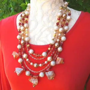 Bronze Quartz and Pearl Statement Necklace, Chunky Colorful Multi-strand Collar, Gift for Her
