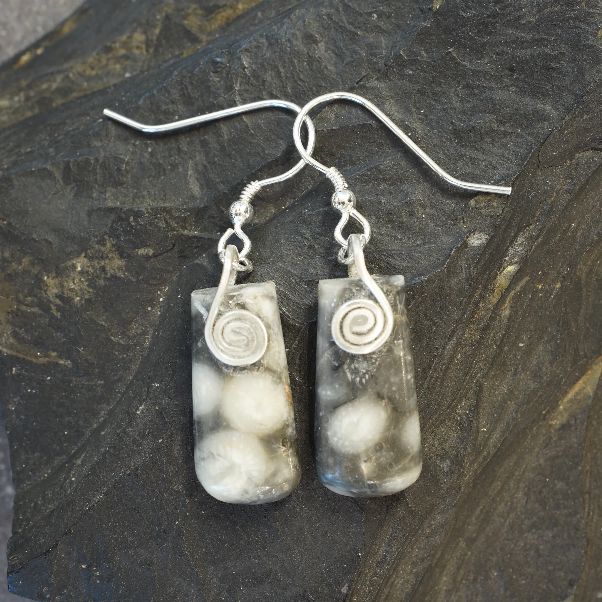 FMC12E Fermanagh Marbled Coral Rectangle Earrings with Sterling Silver Spiral
