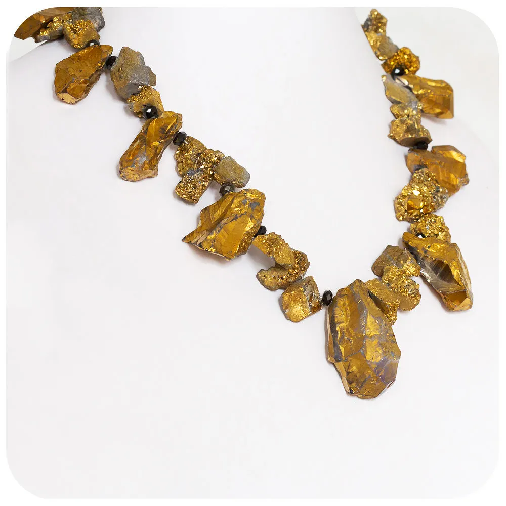 Gold Druzy Quartz and Spinel Rough Stone Necklace