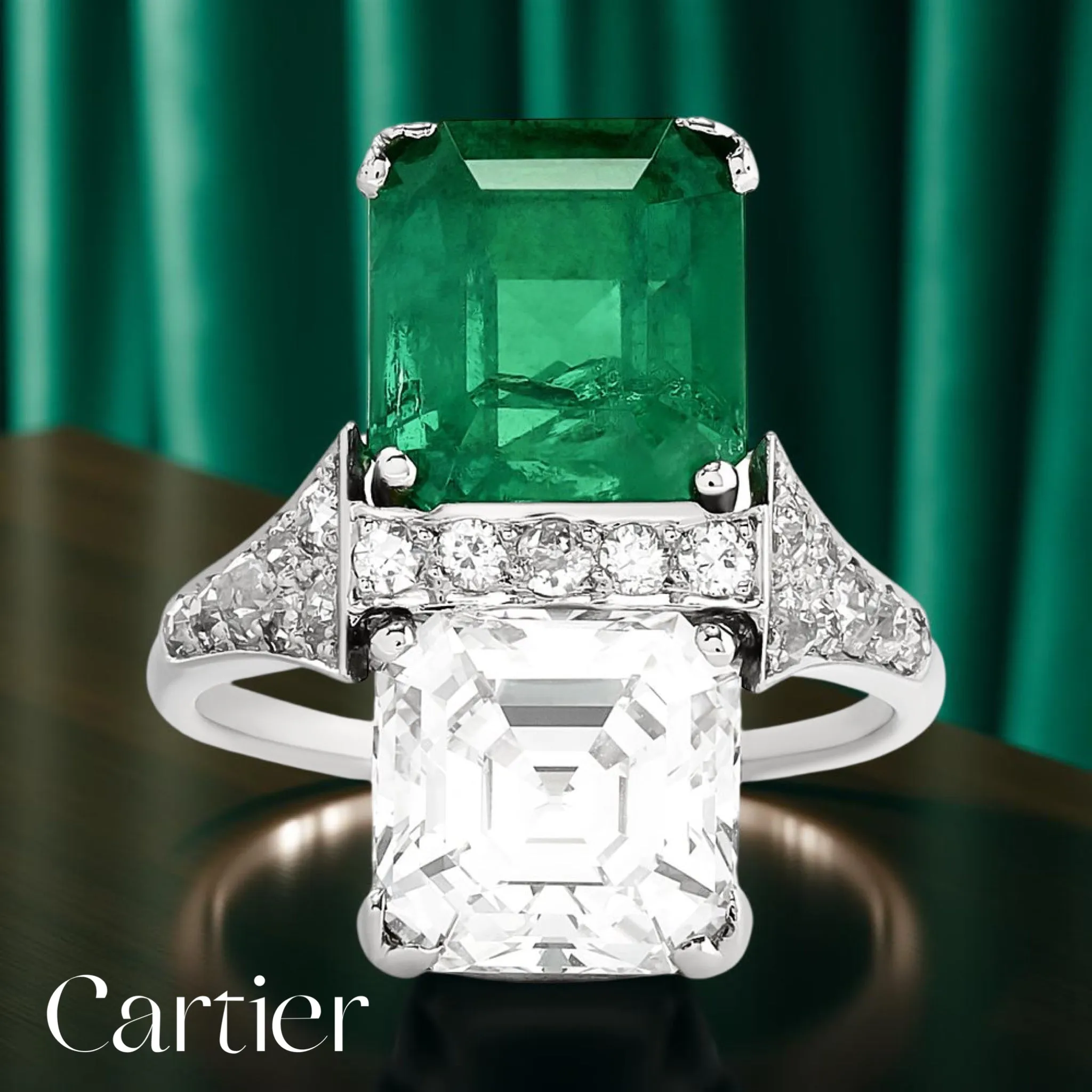 MDJ Curators Collection....Estate Cartier....Stunning Diamond & Colombia Emerald Platinum Ring 15724A