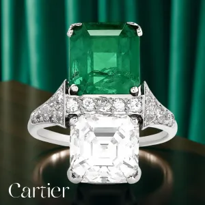 MDJ Curators Collection....Estate Cartier....Stunning Diamond & Colombia Emerald Platinum Ring 15724A