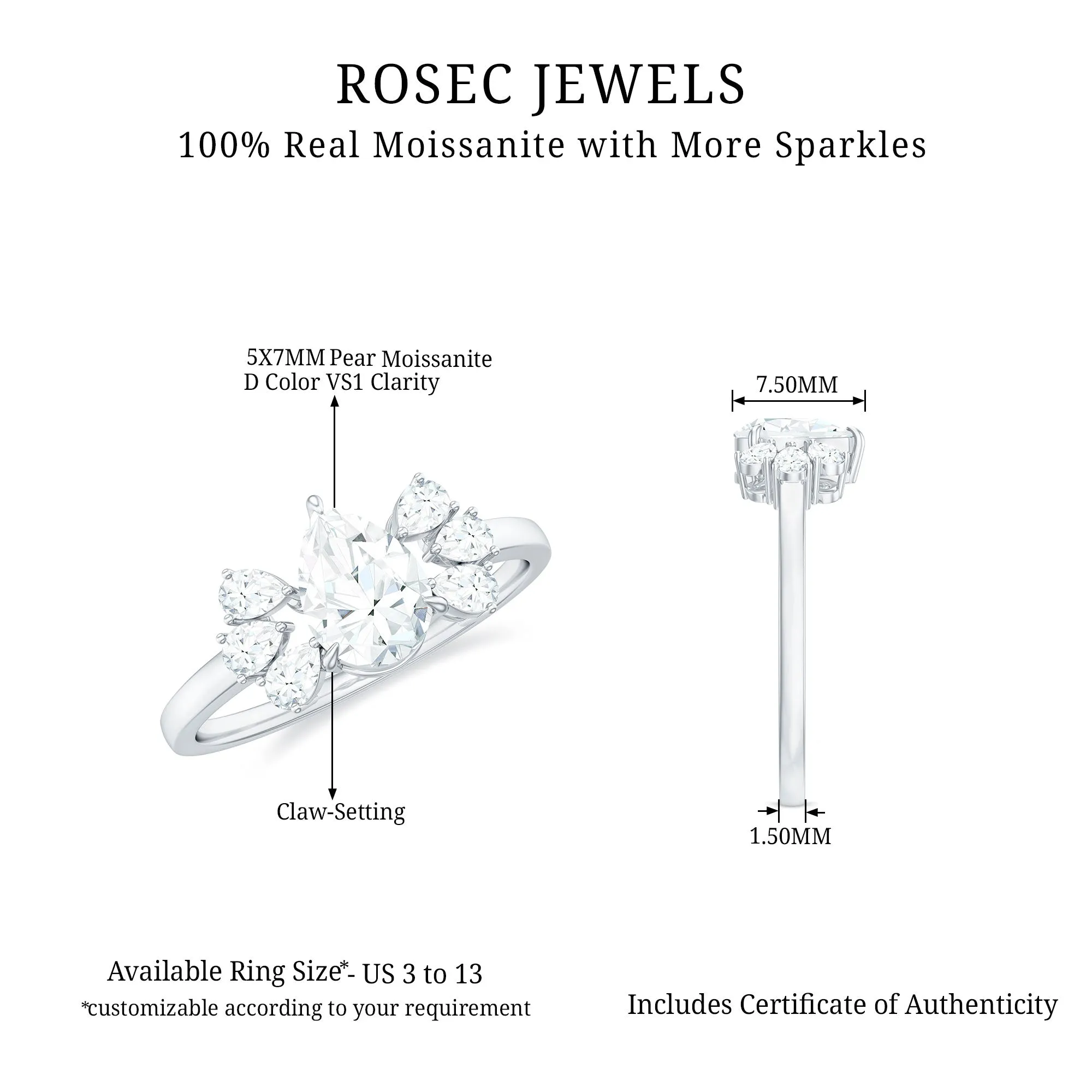 Pear Cut Moissanite Solitaire Engagement Ring with Trio
