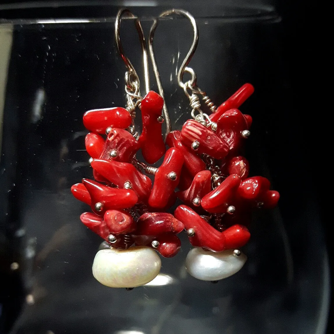 Red Coral Cluster & White Pearl Silver Earrings