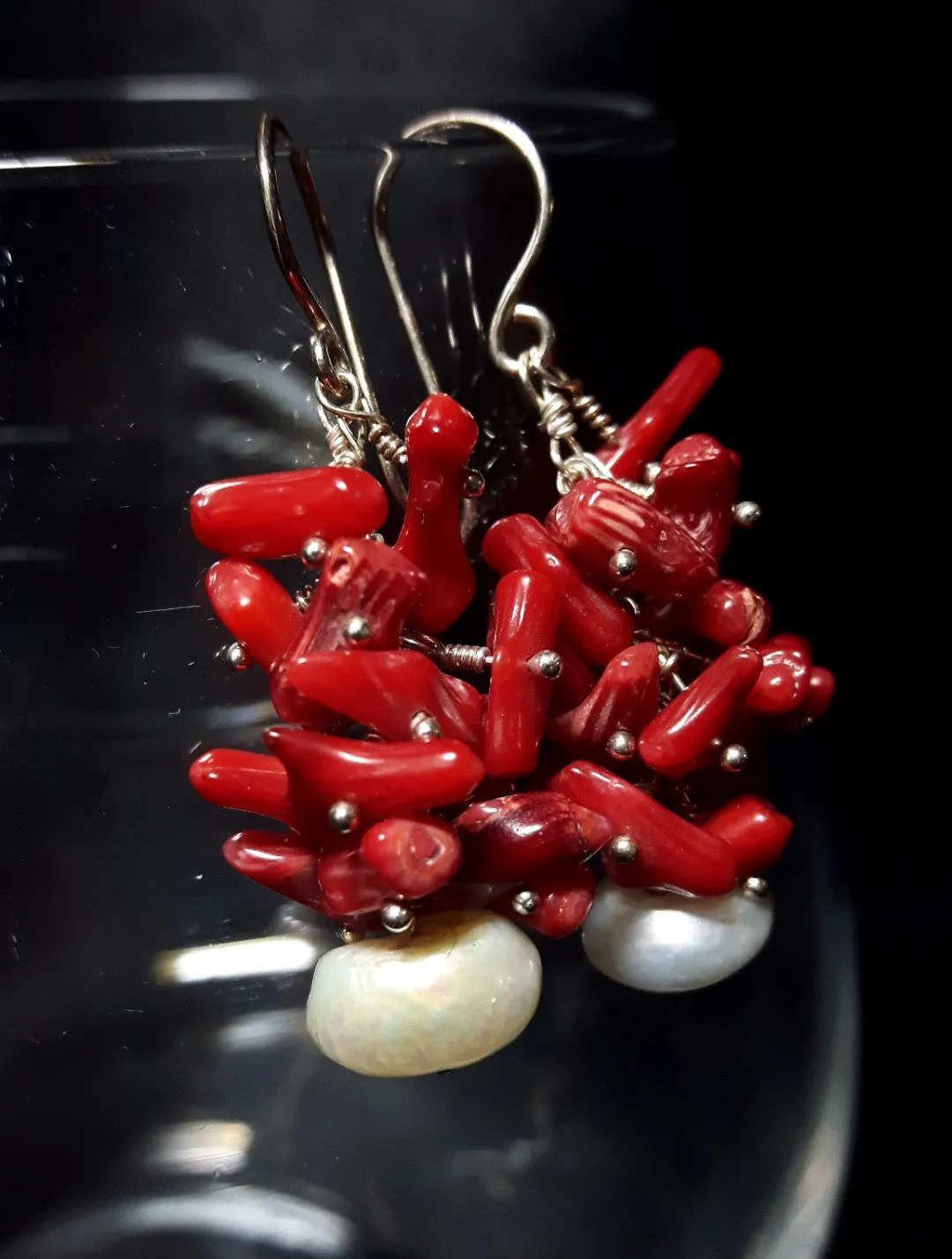 Red Coral Cluster & White Pearl Silver Earrings