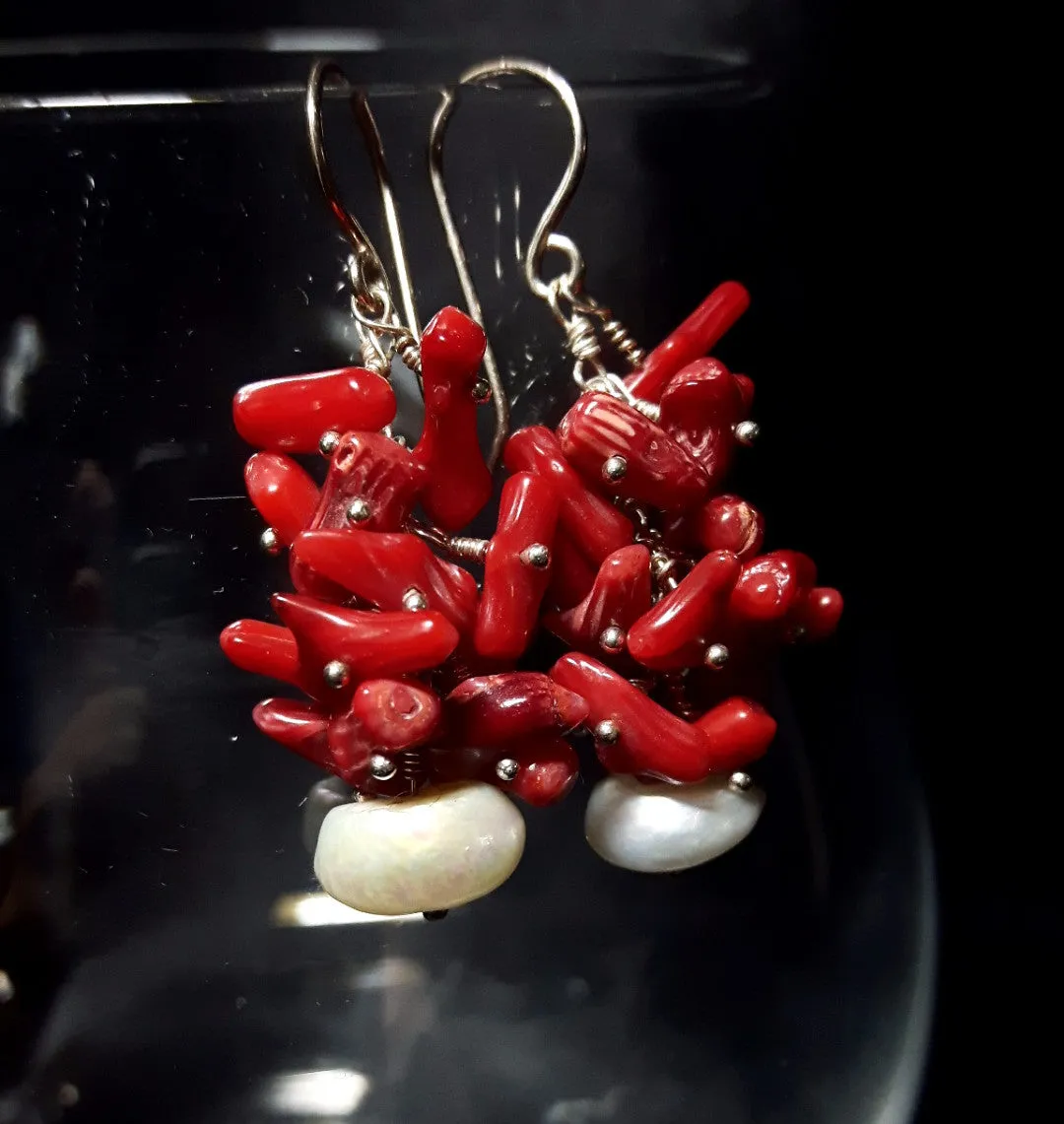 Red Coral Cluster & White Pearl Silver Earrings