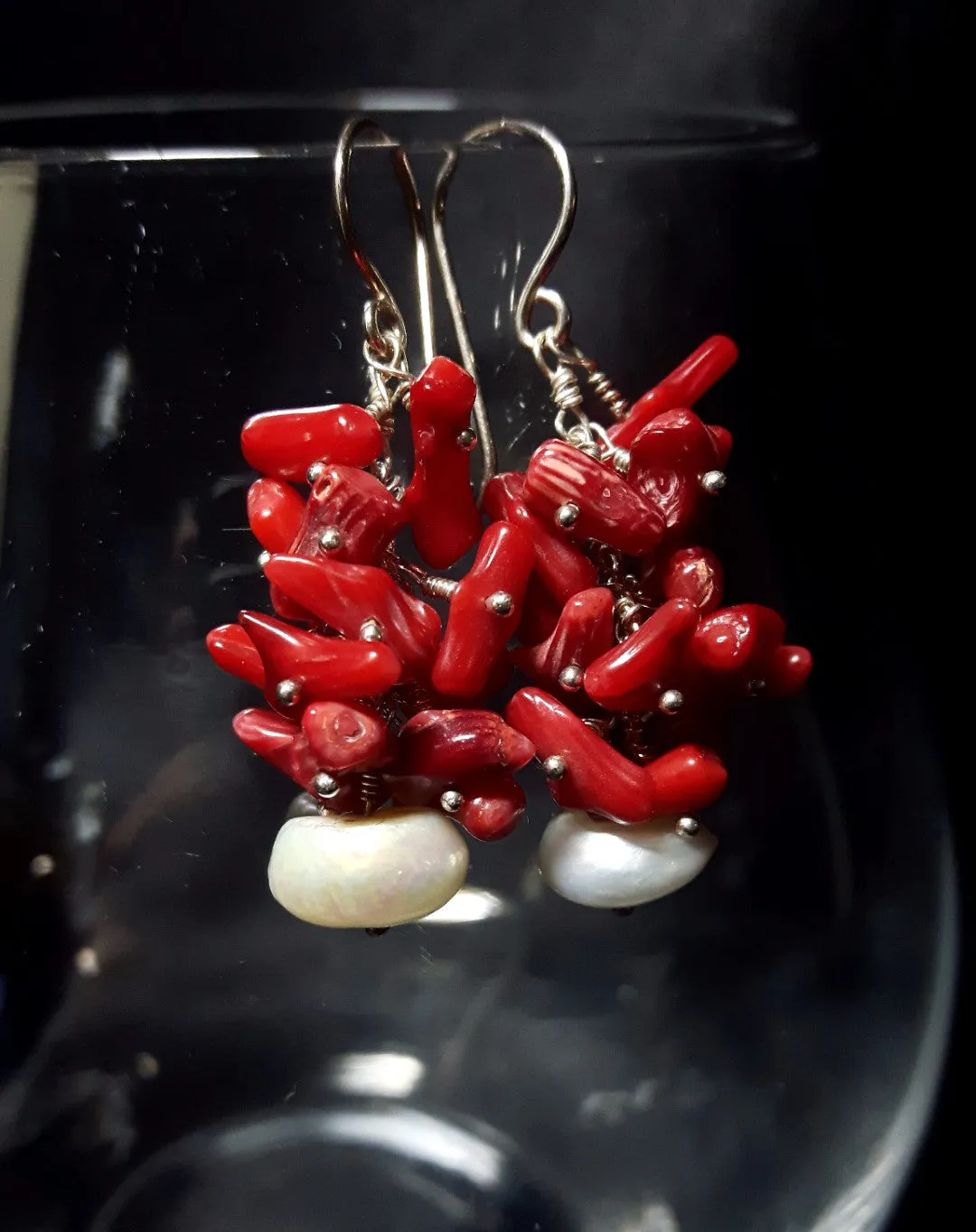 Red Coral Cluster & White Pearl Silver Earrings