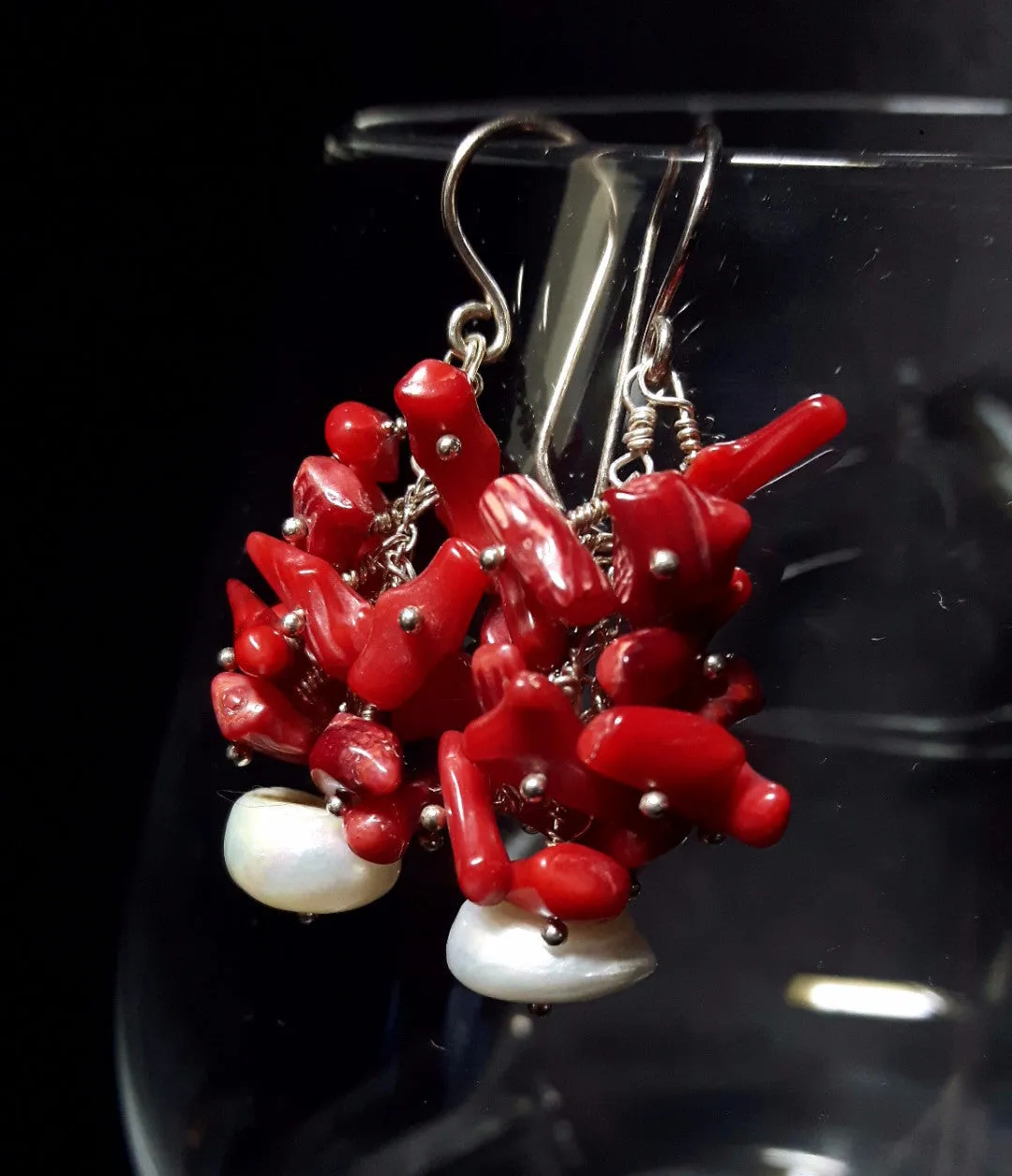 Red Coral Cluster & White Pearl Silver Earrings