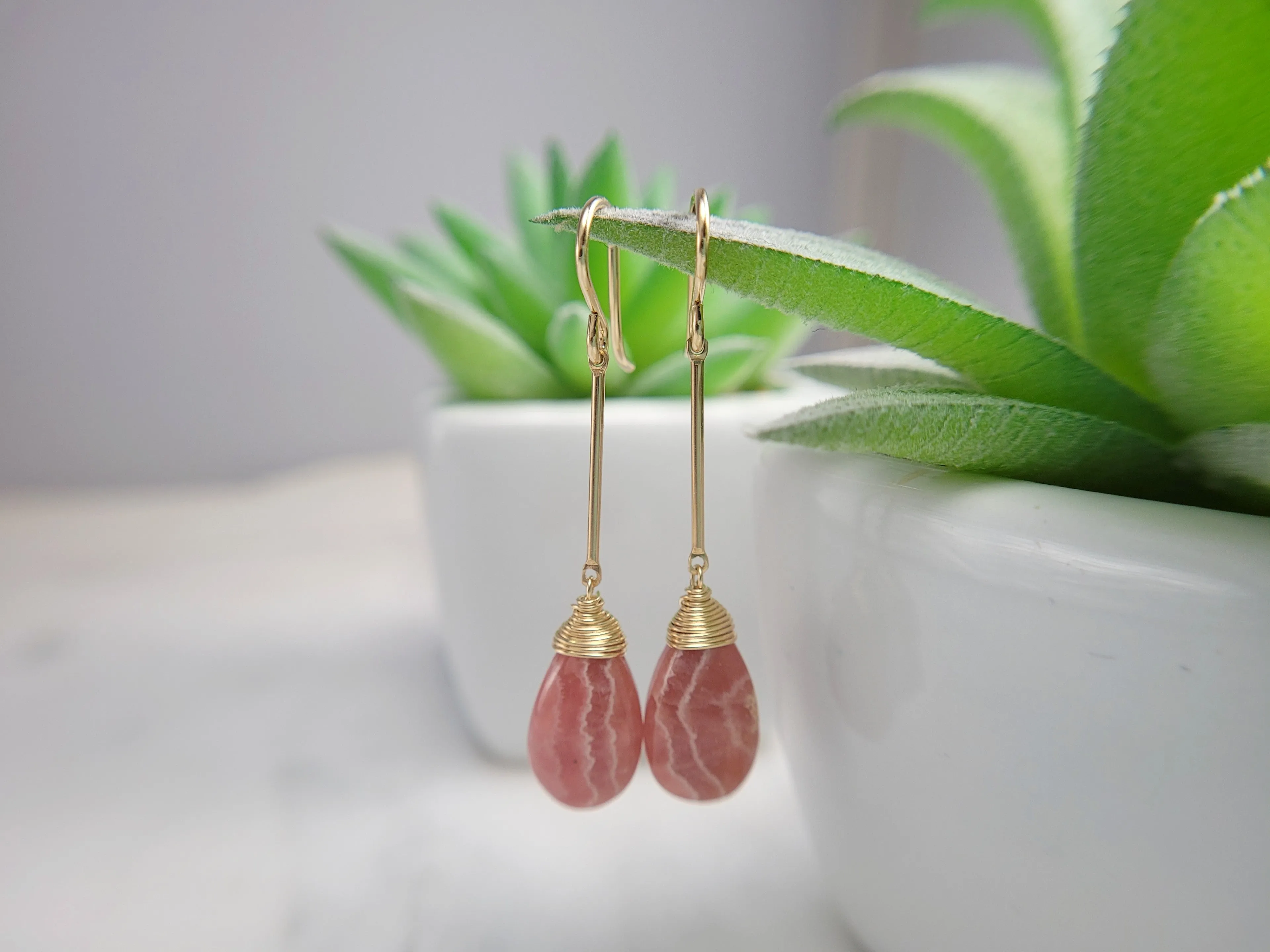 Rhodochrosite Long Dangle Earrings