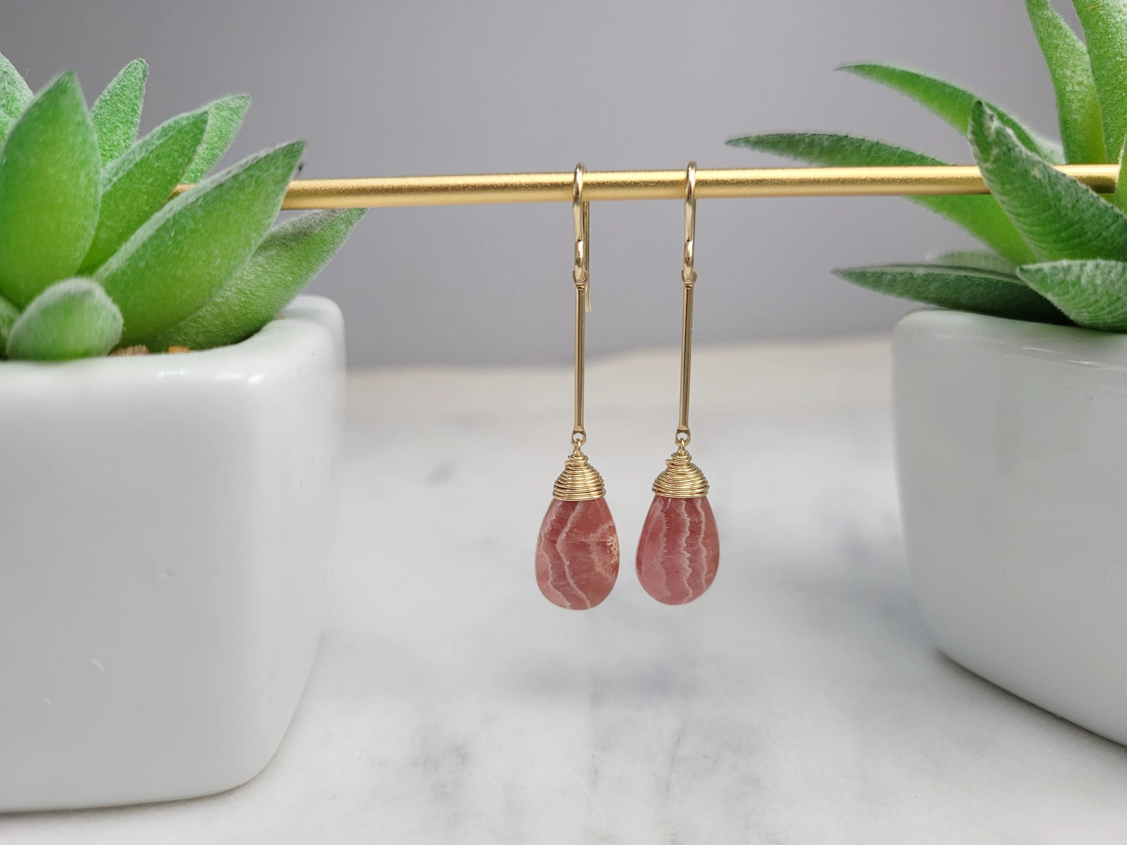 Rhodochrosite Long Dangle Earrings