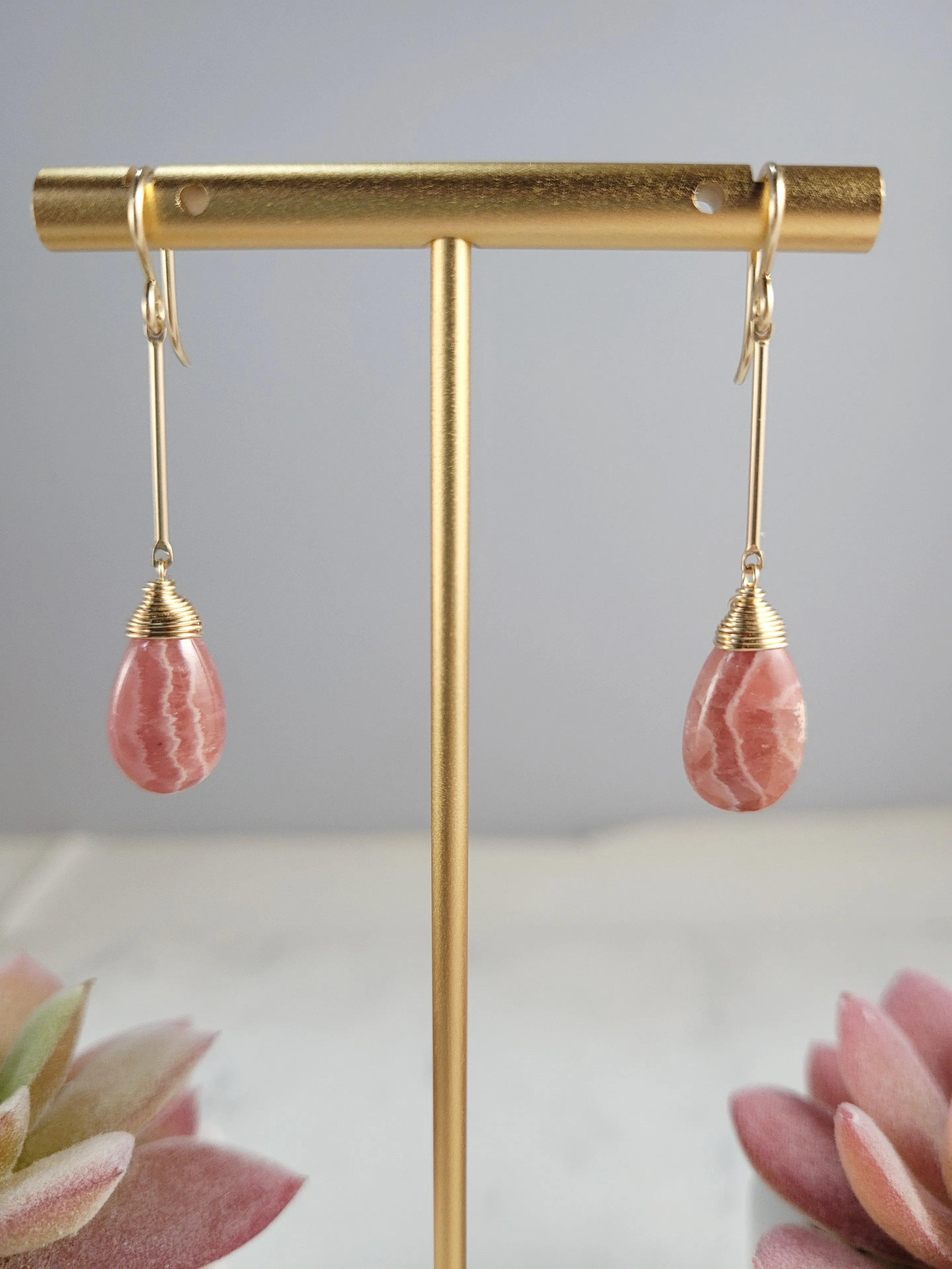 Rhodochrosite Long Dangle Earrings