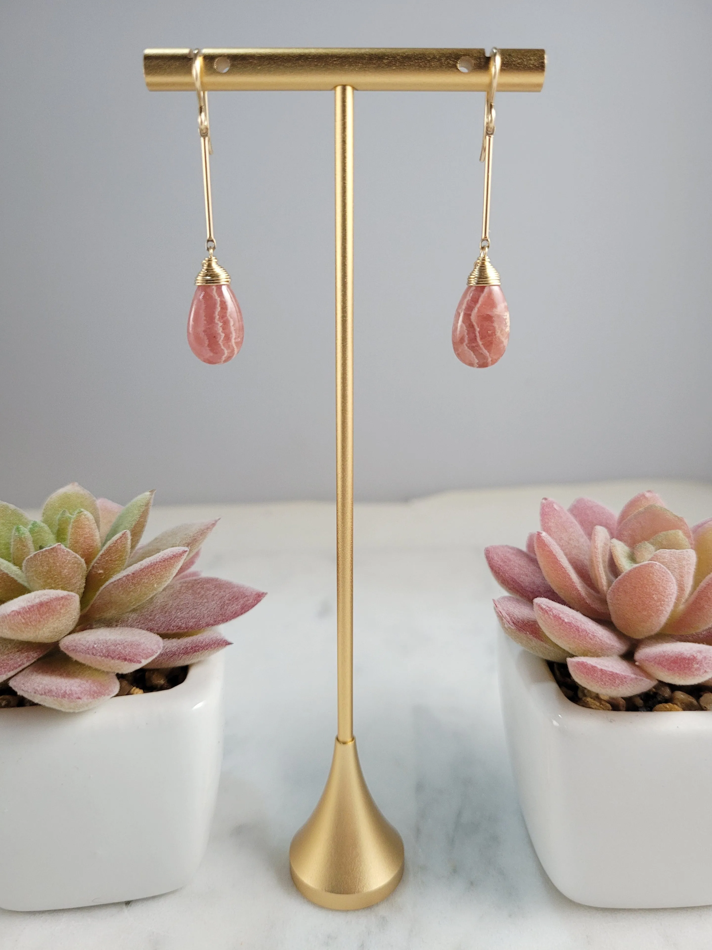 Rhodochrosite Long Dangle Earrings