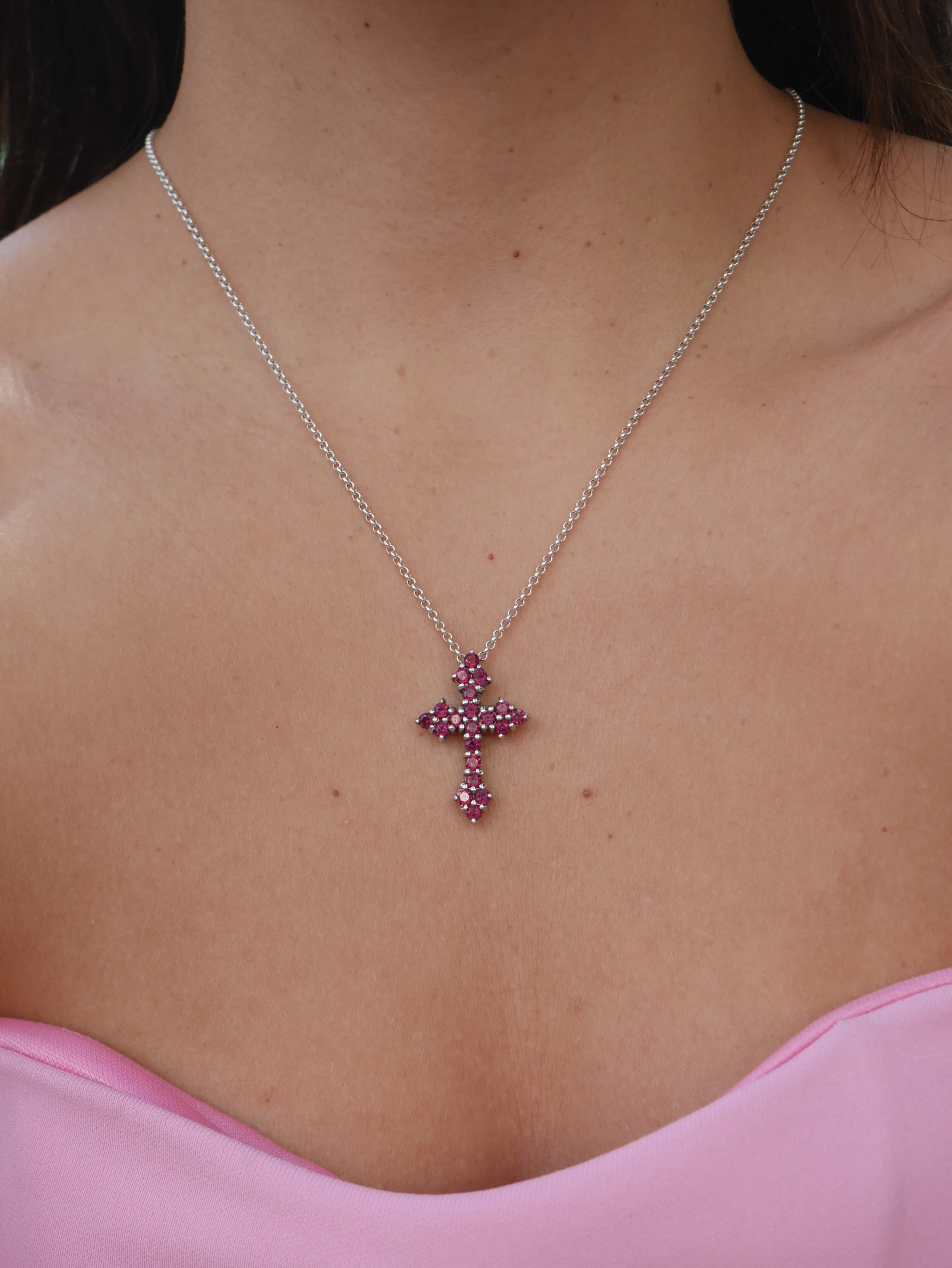 Rhodolite Gemstone Cross Pendant Necklace 925 Sterling Silver Handmade Fine Jewelry