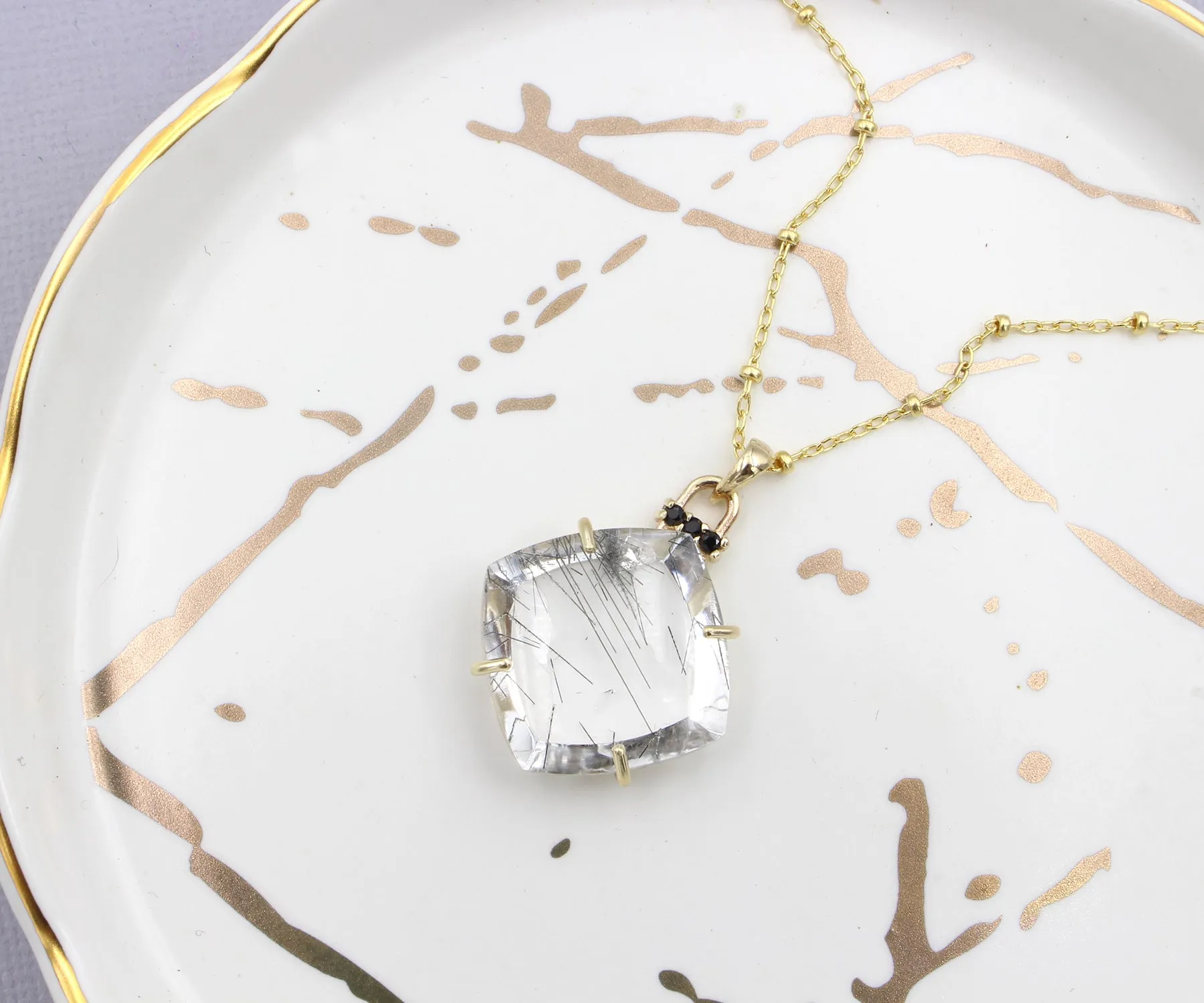Rutilated Quartz Square Black Spinel Gold Necklace