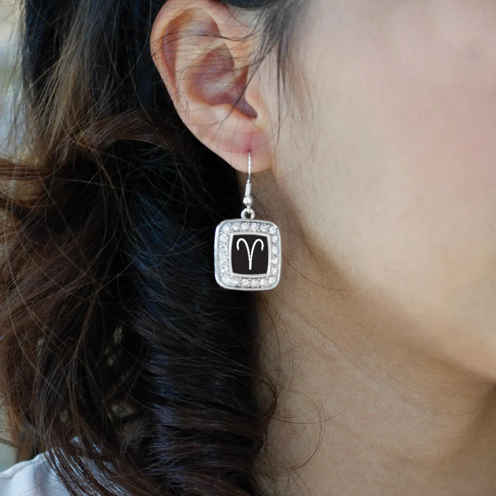 Silver Aries Zodiac Square Charm Dangle Earrings