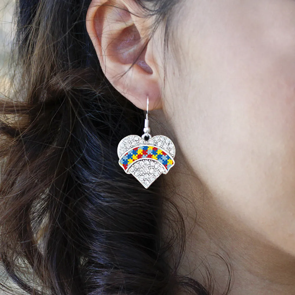 Silver Autism Awareness Pave Heart Charm Dangle Earrings