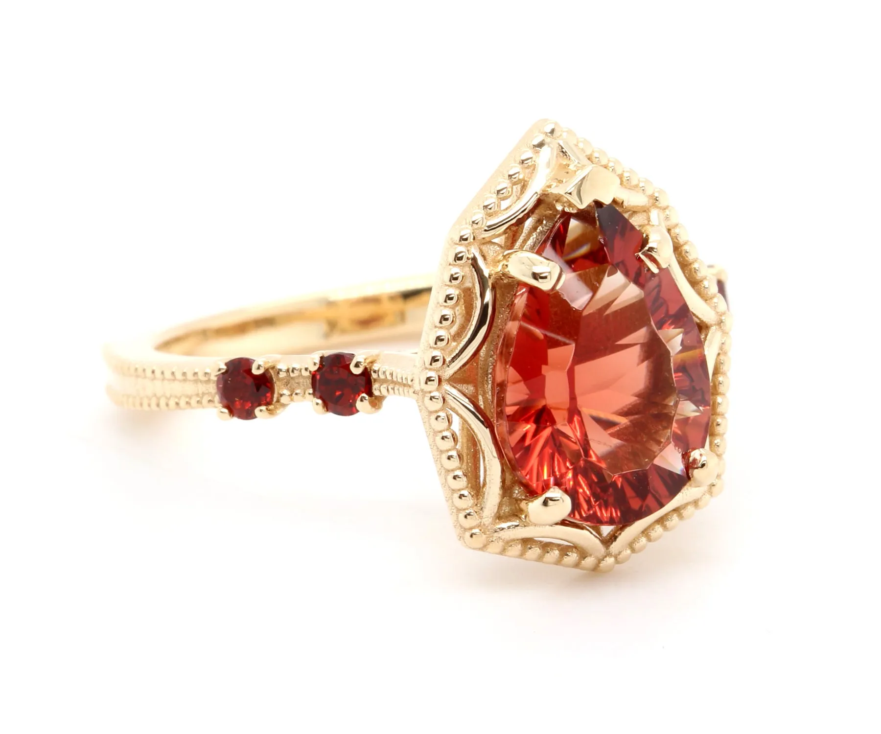 Starburst Teardrop Sunstone Garnet Gold Ring