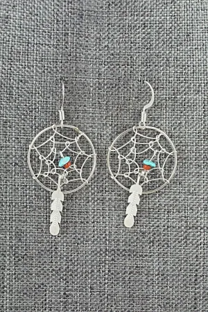 Turquoise, Coral & Sterling Silver Earrings - Helena Yazzie