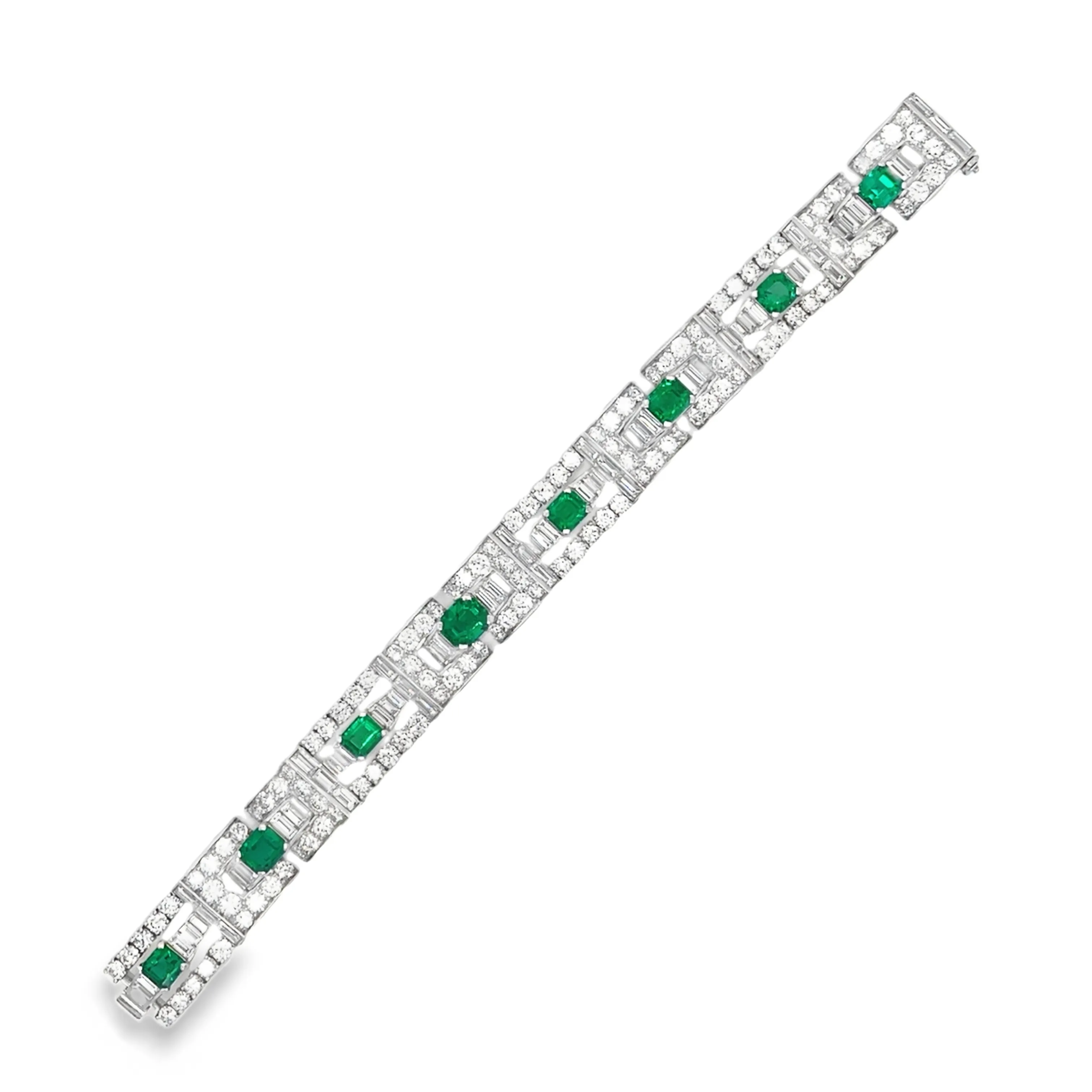 Vintage 1970's Diamond and Emerald Art Deco Bracelet