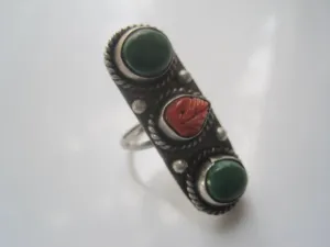 Vintage Asian Green Turquoise and Coral Long Size 8 1/2  Sterling Silver Ring