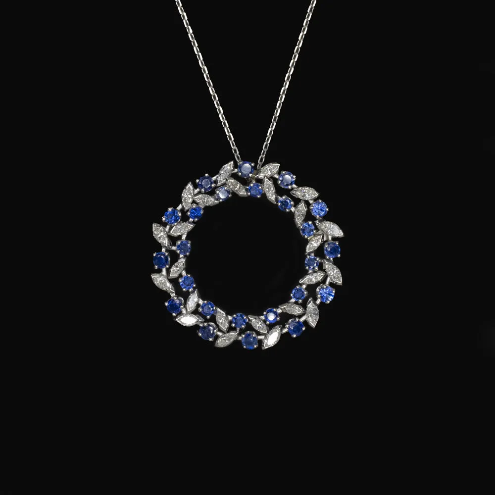 VINTAGE DIAMOND SAPPHIRE WREATH PENDANT NECKLACE PLATINUM MID CENTURY 3.10ct