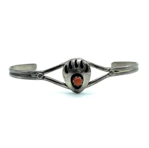 Vintage Old Pawn Sterling Silver Coral Shadowbox Bear Paw Split Shank Cuff Bracelet