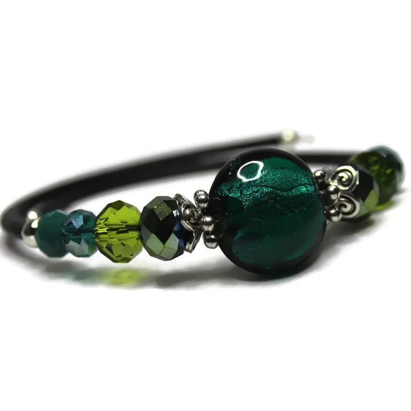 Wrap Bracelet & Earring Set - Emerald Green Silver Foil Glass