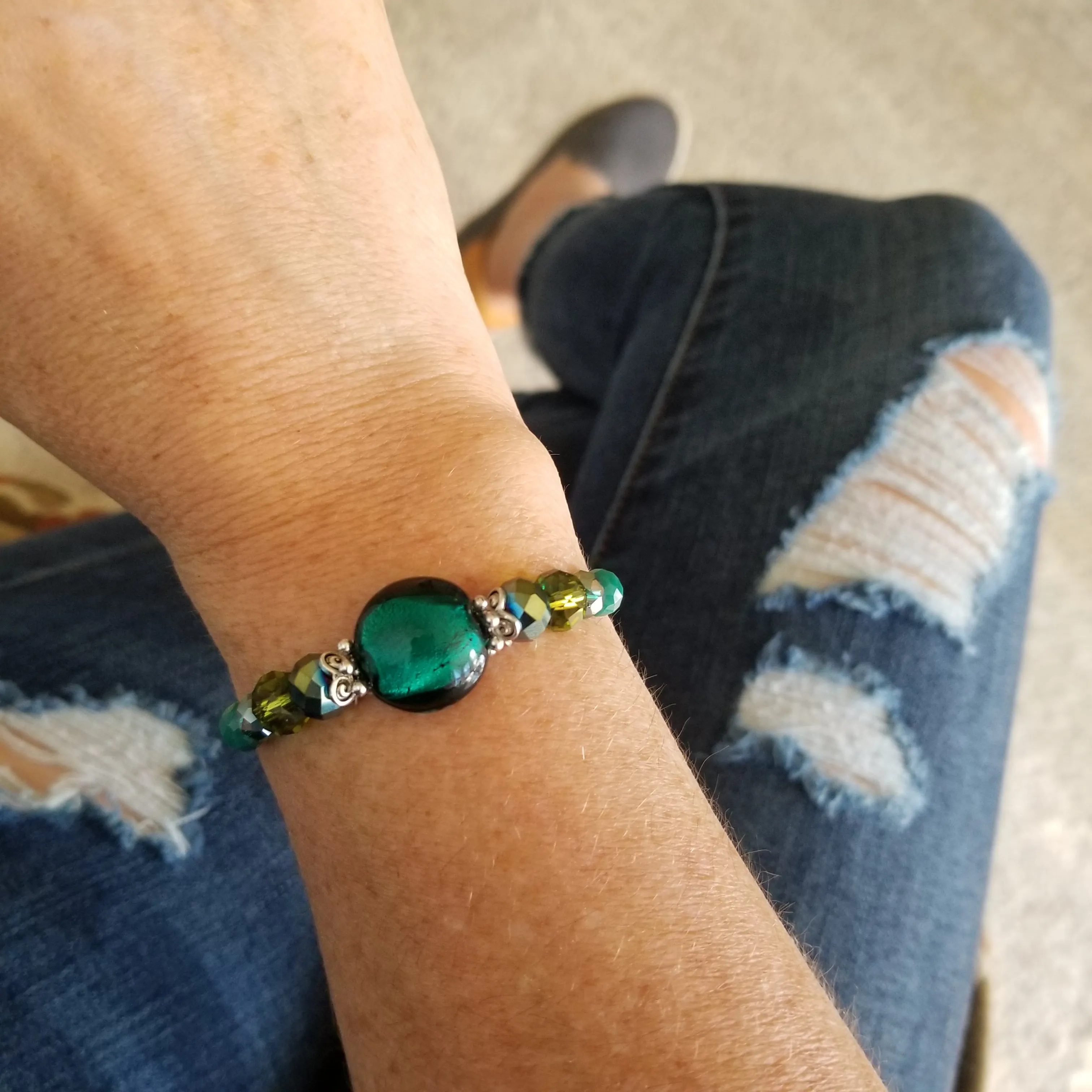 Wrap Bracelet & Earring Set - Emerald Green Silver Foil Glass