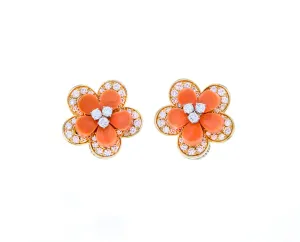Yellow gold, diamond and coral flower earclips